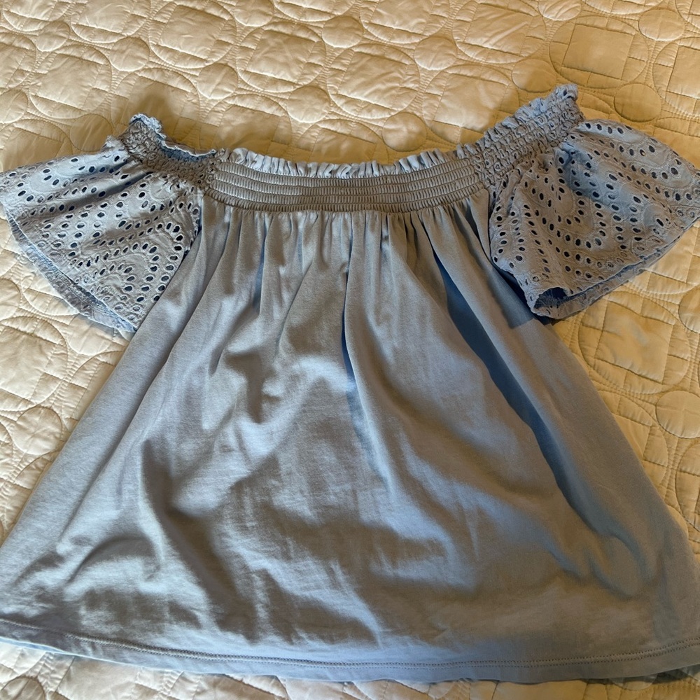 Express, baby blue, off the shoulder top with embroidered sleeves. Size Small